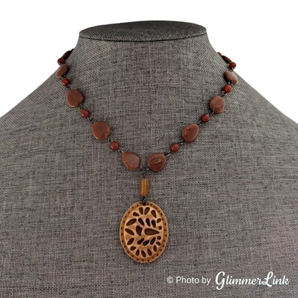 Vintage Bohemian Faux Goldstone Beaded Carved Pendant Necklace